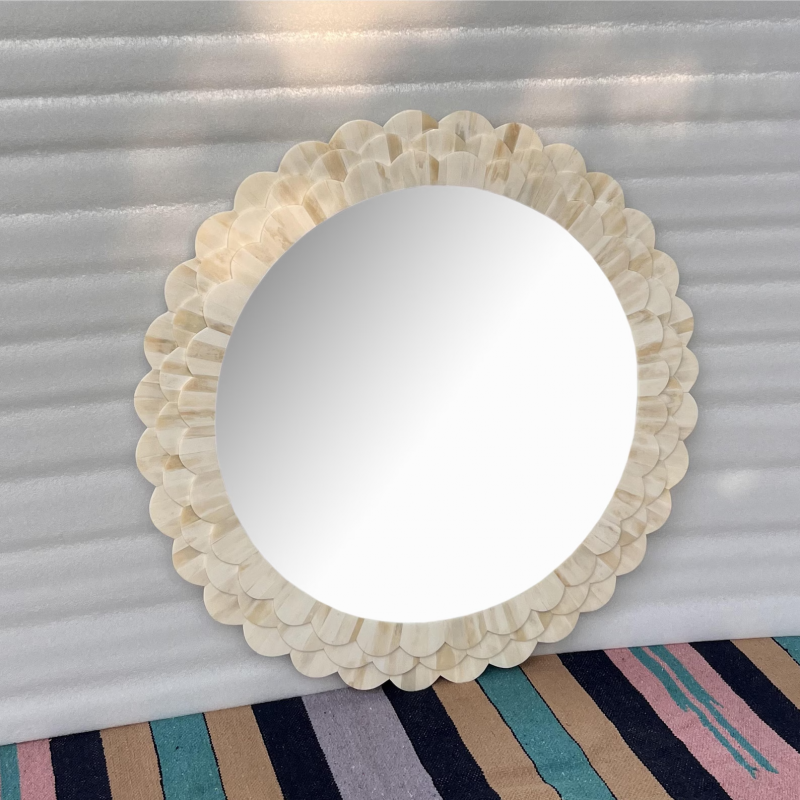 Handmade Round Bone Inlay Mirror Frame – Petal Carving Design
