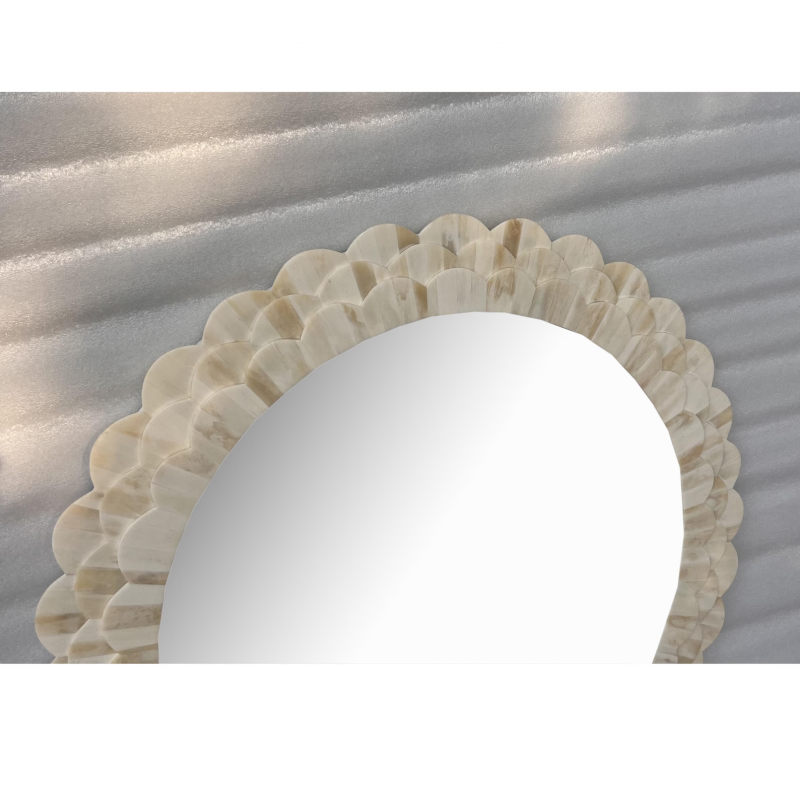 Handmade Round Bone Inlay Mirror Frame – Petal Carving Design - Image 2