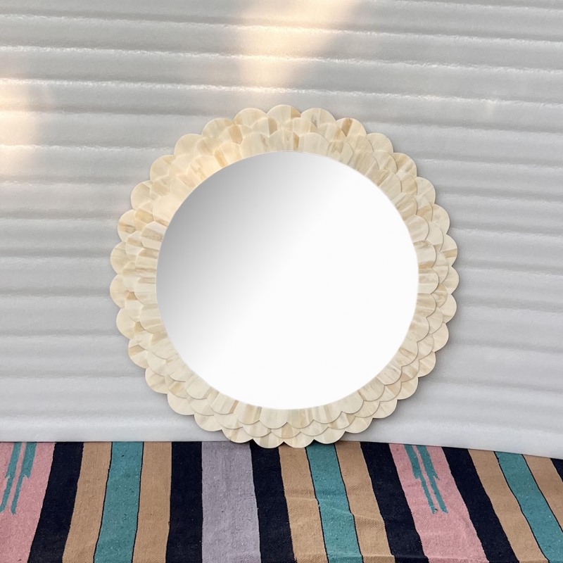 Handmade Round Bone Inlay Mirror Frame – Petal Carving Design - Image 3