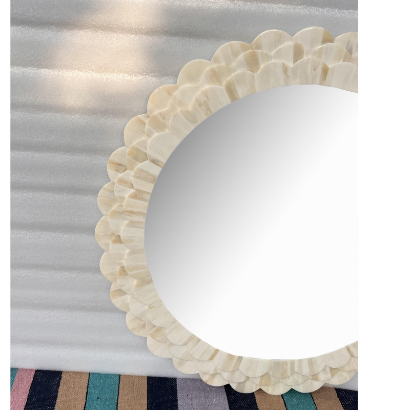 Handmade Round Bone Inlay Mirror Frame – Petal Carving Design - Image 4