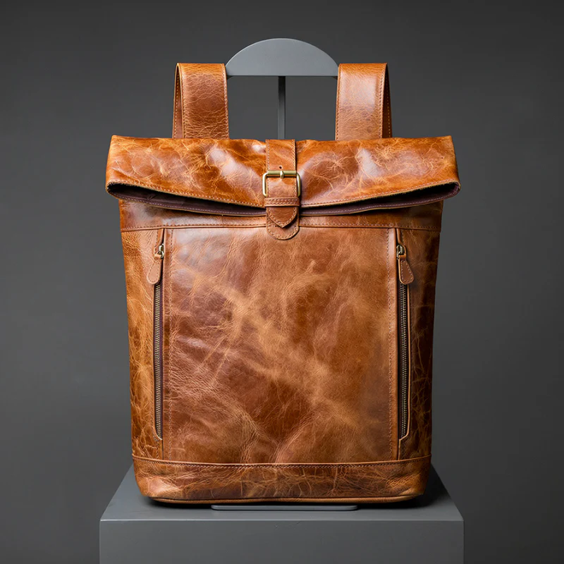 Becko Full Grain Leather Rolltop Backpack – Classic Black Urban Style