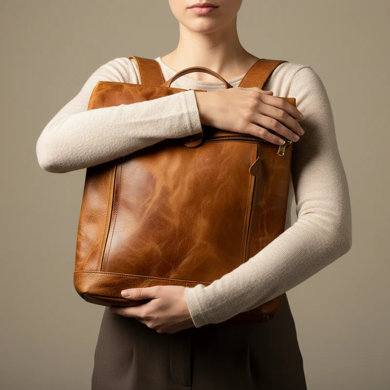 Becko Full Grain Leather Rolltop Backpack – Classic Black Urban Style - Image 5