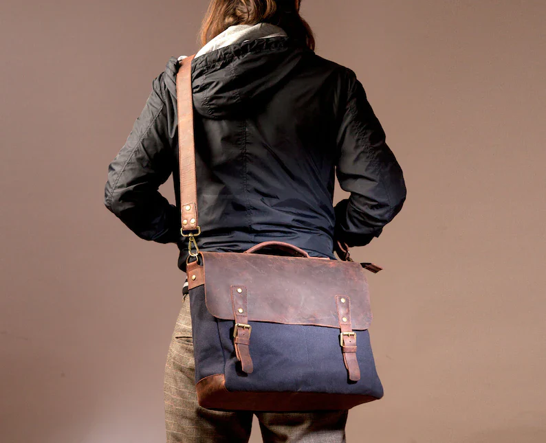 Canvas Messenger Bag - Blue - Image 3